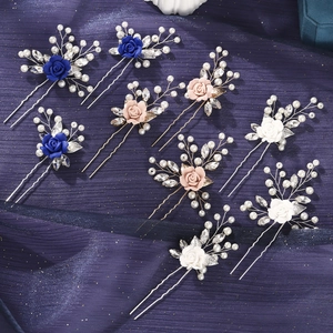 9pcs handmade floral hair pins set with clay roses and pearls for bridal wedding styling