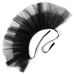 Detail of black mesh ruffled clown collar with fine pleated texture and tie-up ribbons