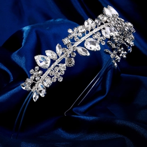 Handmade bridal headband with sparkling marquis and pear-shaped rhinestones on blue silk