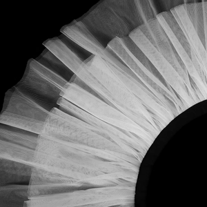 Detailed macro view of white layered ruff mesh collar with precise pleats and black base fabric