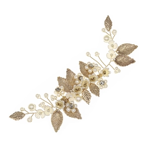 Elegant gold leaf bridal hair clip with white resin flowers and pearls for weddings