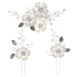 Dreiteiliges Braut-Haarschmuck-Set mit weißen Blüten, Perlen und Kristallen in Silber
