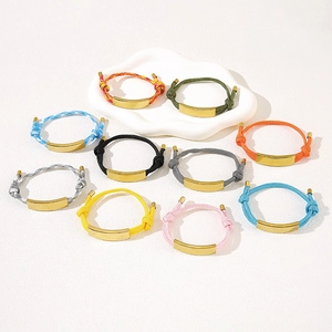 Adjustable colorful braided rope bracelets with blank gold metal bars for custom engraving