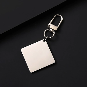 Polished silver metal keychain with lobster clasp and square blank tag for DIY engraving