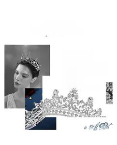 Detailed view of bridal silver crown featuring crystal rhinestones on blue velvet background