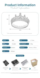 Detail view of silver bridal crown dimensions and 4-step packaging process