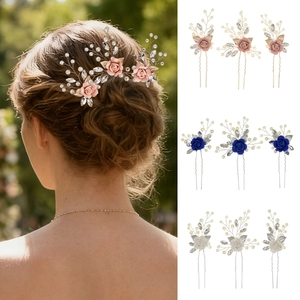 Handmade Polymer Clay Flower Bridal Hair Pin Set Alloy Artificial Pearl Rhinestone U-Shaped Hair Sticks For Wedding Party Jewelry
