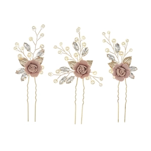 Three-piece champagne gold hair pin set with pink resin roses and pearl leaf details