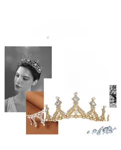 Detail of silver and gold bridal tiaras with sparkling rhinestones and pearls