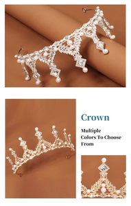 Detailed close-up of golden and silver bridal crowns with pearls and rhinestones
