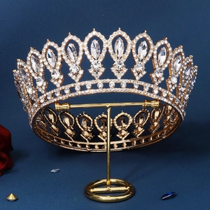 Luxury gold bridal tiara with sparkling crystal rhinestones for wedding and pageant wear