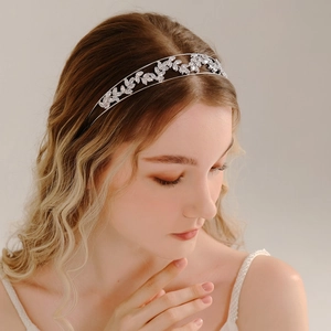 Serre-tête de Luxe en Zirconia avec Feuilles pour Femmes Plqué Argent Double Couche Serre-tête de Mariage pour Fête
