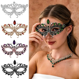 Detailed macro view showing assorted luxury rhinestone masquerade masks in various gemstone colors