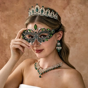 Detailed view of luxury bridal set with emerald green crystals on model for prom and party