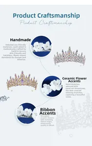 Detailed view of handmade white ceramic flowers and colorful crystals on bridal headband