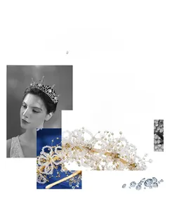 Detail of handcrafted bridal headband with gold wires, crystal beads and floral accents