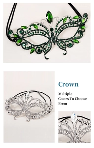 Macro detail of luxury crystal butterfly mask featuring emerald green rhinestones and silver filigree
