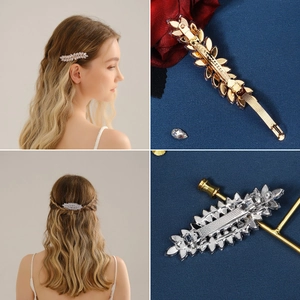 Elegant wheat leaf hair clip with zircon crystals in gold and silver finish for women
