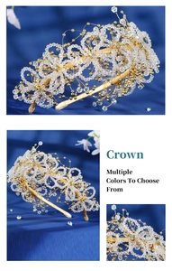 Close-up of handmade beaded bridal headband with gold wires and clear crystals