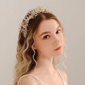 Handmade Gold Bridal Headband Vintage Luxurious Artificial Crystal Artificial Pearl Flower Beaded Wedding Hair Accessory
