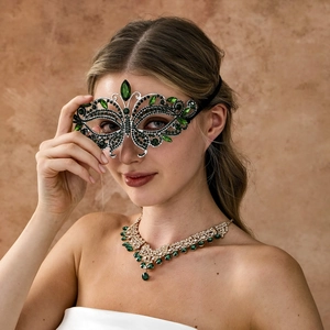 Luxury green rhinestone masquerade mask with matching V-shaped crystal necklace set