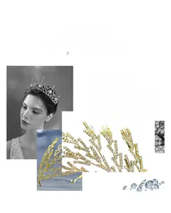 Macro detail of luxury bridal headband with intricate rhinestone vine and crown motifs