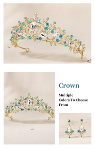 Detail of luxury bridal tiara and earrings set with gold finish and teal crystals
