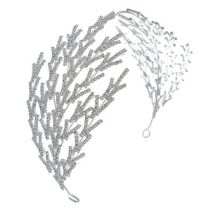 Serre-tête de mariée argenté luxe avec strass étincelants en forme de branche corail