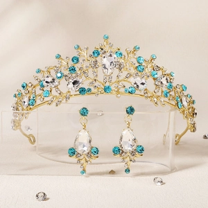 Luxurious Gold Alloy Bridal Jewelry Set Vintage Royal Rhinestone Crown Tiara And Teardrop Earrings Set For Wedding Party Women
