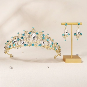 Elegant gold bridal jewelry set with crystal tiara crown and teardrop earrings