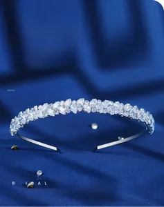 Macro shot of French luxury silver headband with teardrop and round cubic zirconia stones