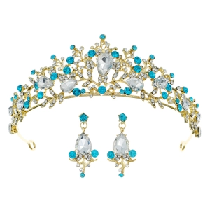 Elegant gold bridal tiara and earrings set with cyan crystals and sparkling rhinestones