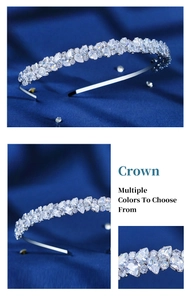 Detail of luxury bridal headband with teardrop zirconia crystals on blue silk background