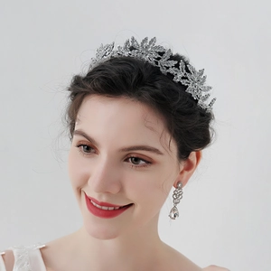Elegante zilveren bruidssieraden set met kristallen kroon en druppeloorbellen voor bruiden