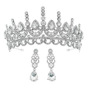 Conjunto de joyas de novia de lujo con corona de cristal y pendientes de gota de plata