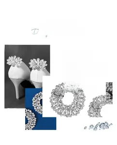 Macro detail of rhinestone floral shoe clips on white bridal high heels wedding decor