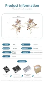Detailed view of handmade gold floral shoe clips with faux pearls and size specs