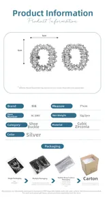 Detailed view of silver oval rhinestone shoe clips showing size and packing details