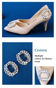 Macro detail of oval crown rhinestone shoe buckles for elegant wedding high heels