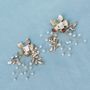 Handcrafted gold leaf flower bridal shoe clips with pearls for high heels set