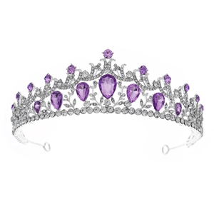 Couronne de mariée argentée élégante avec cristaux violets en goutte et strass brillants