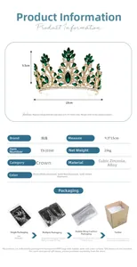 Detailed size chart for the emerald crystal bridal crown with golden alloy frame specs