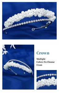 Detailed macro view of the layered white pearls and sparkling rhinestone crown headband