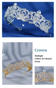 Detailed macro view of baroque bridal crowns in silver and gold with sparkling rhinestones