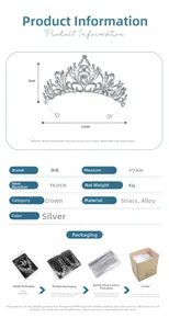 Silver crystal bridal crown dimensions and packaging details showing height and width