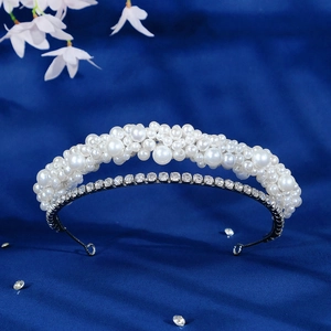Double-layered pearl and rhinestone headband with elegant silver metal base for women