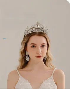 Detailed view of luxury bridal tiara with colorful rhinestones on a silver alloy base