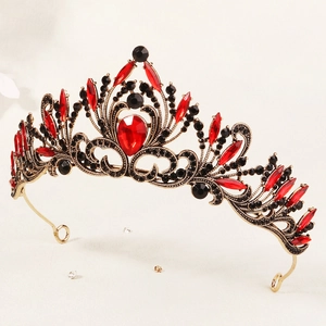 Vintage Baroque bridal crown with red crystals and black beads on antique gold base
