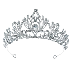 Luxurious silver bridal crown featuring crystal flowers and a pear-shaped rhinestone centerpiece