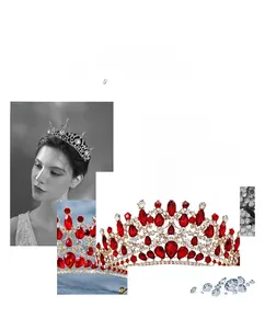 Detail of silver Baroque crown featuring luxury red teardrop crystals and sparkling rhinestones